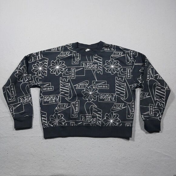 Nike Sweatshirt Women Medium Icon Clash‎ Black Silver All Over Print Crew Neck - Picture 1 of 11